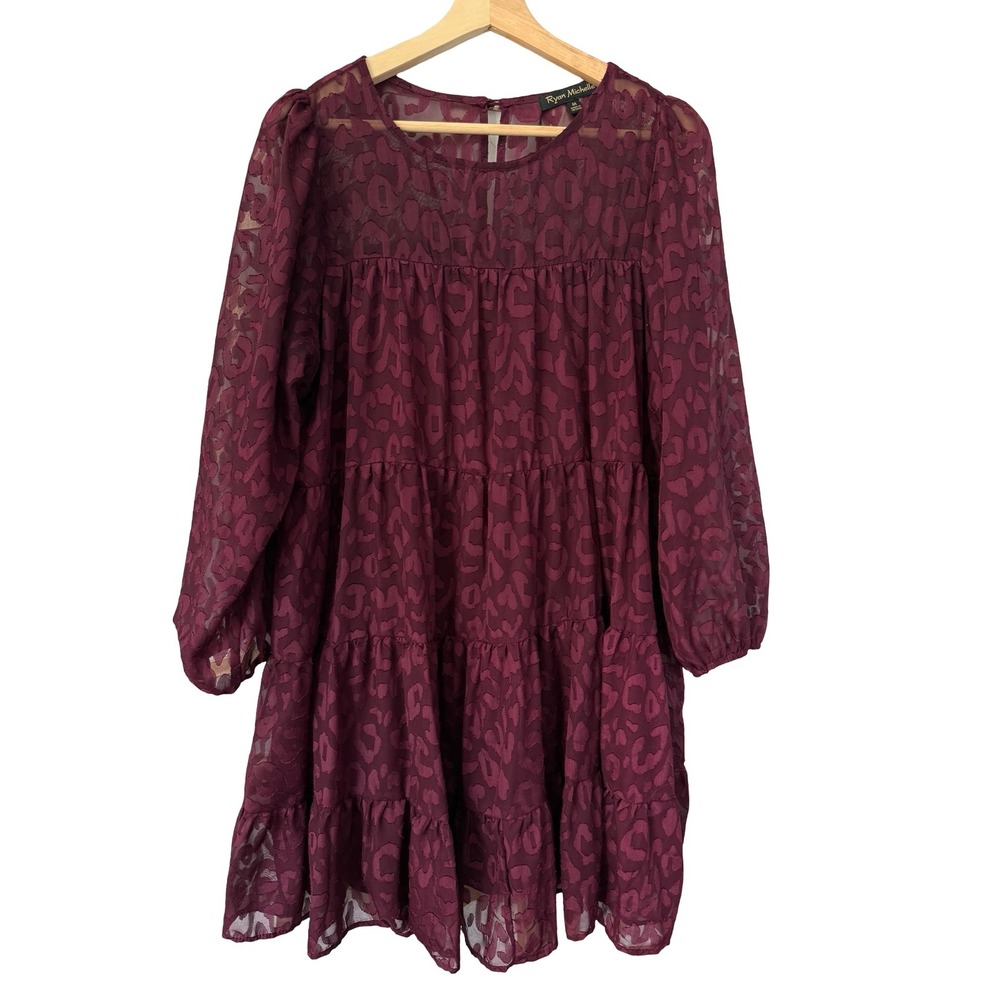 Ryan Michelle Burgundy Burnout Leopard Tiered Babydoll Mini Dress Medium Wine